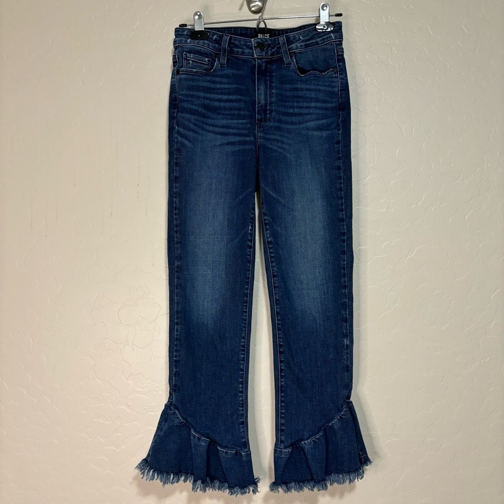 PAIGE Hoxton Straight Ankle Frayed Ruffle Hem Blue Denim Size 27